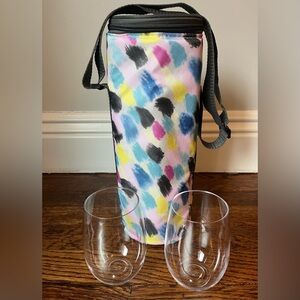 DSW Insulated Wine Tote with Strap and 2 Stemless Plastic Glasses